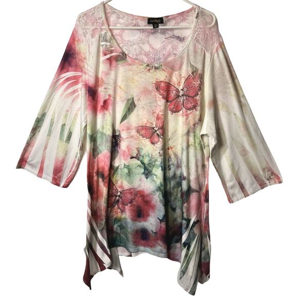 Cal Style USA Womens Tunic Top Size 2X Butterly Sequin Colorful Kimono Sleeve - Picture 1 of 13